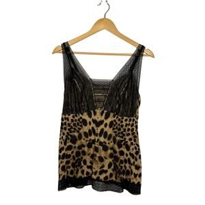 Cool Nights Y2K Tank Top Size Large Tan Leopard Print Mesh Lace Trim Metallic